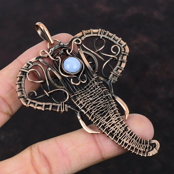 Blue Lace Agate Round Blue Handmade Copper Wire Wrapped Pendant