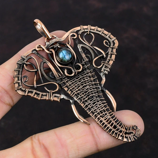 Labradorite Round Blue Handmade Copper Wire Wrapped Pendant