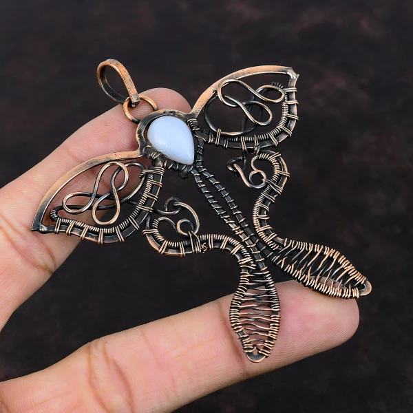 Blue Lace Agate Pear Blue Handmade Copper Wire Wrapped Pendant