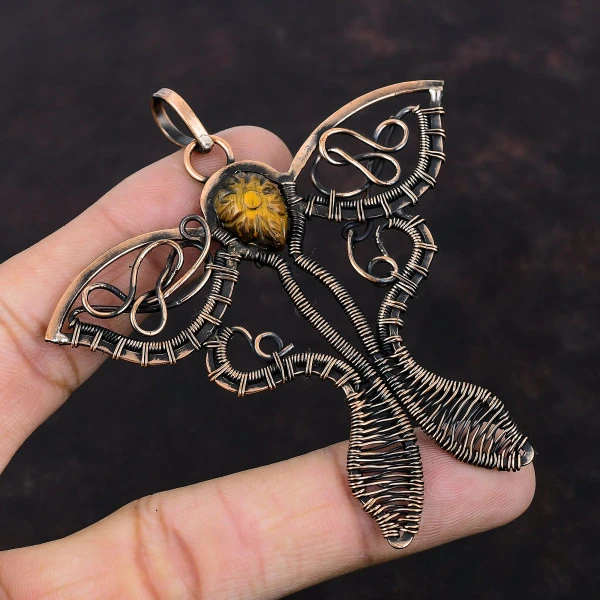 Carved Tiger's Eye Pear Yellow Handmade Copper Wire Wrapped Pendant