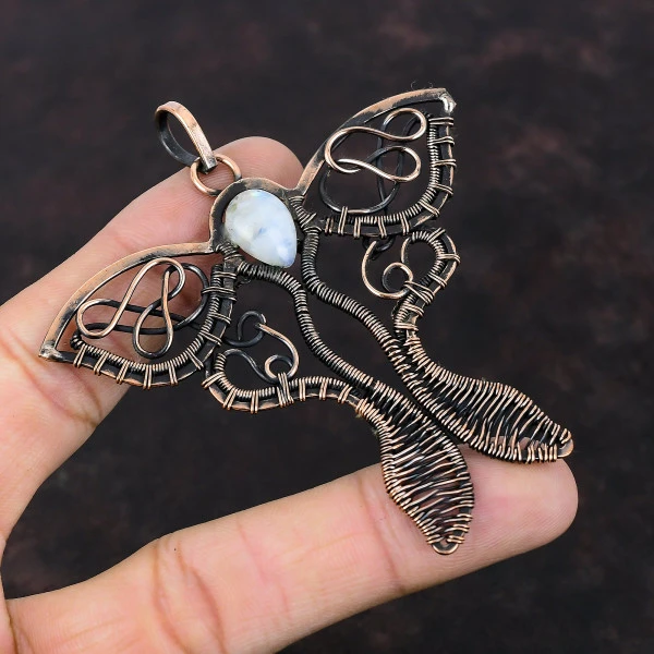Rainbow Moonstone Pear White Handmade Copper Wire Wrapped Pendant