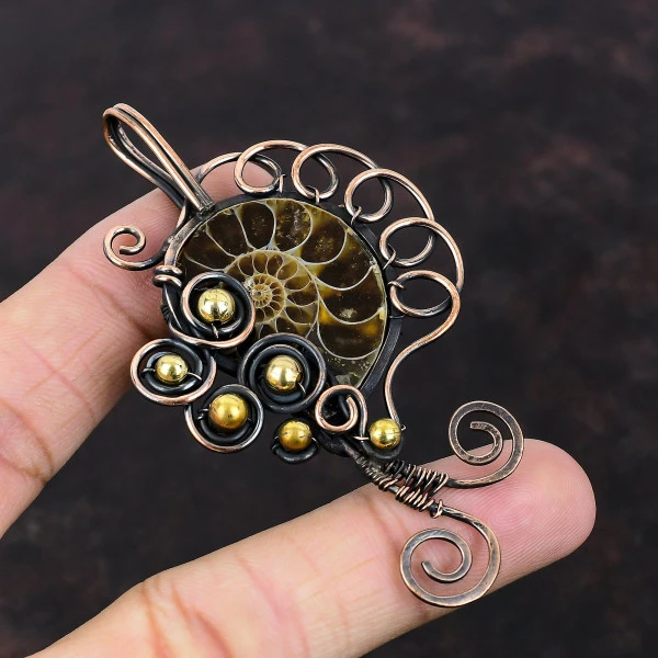 Ammonite Fossil Pear Brown Handmade Copper Wire Wrapped Pendant