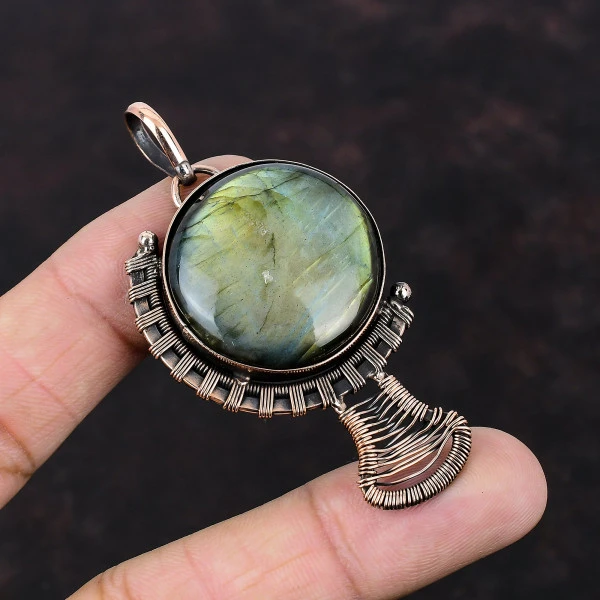 Labradorite Round Gray Handmade Copper Wire Wrapped Pendant
