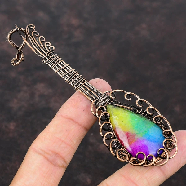 Rainbow Solar Quartz Druzy Pear Yellow Handmade Copper Wire Wrapped Pendant