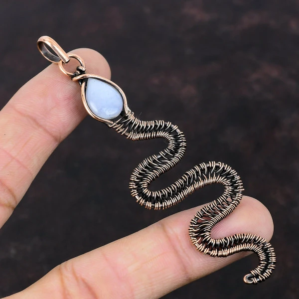 Blue Lace Agate Pear Blue Handmade Copper Wire Wrapped Pendant