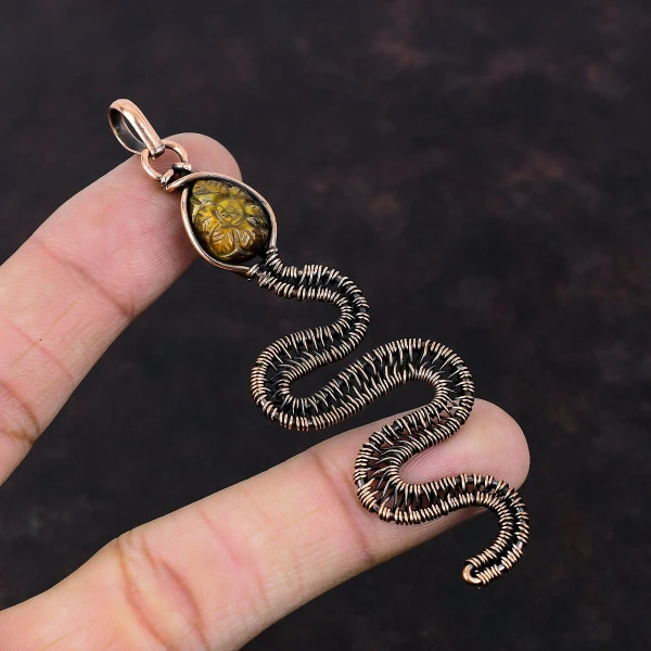 Carved Tiger's Eye Pear Brown Handmade Copper Wire Wrapped Pendant