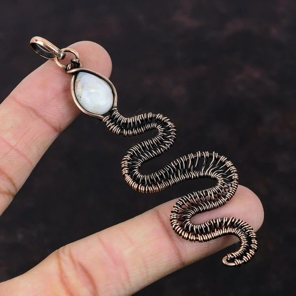 Rainbow Moonstone Pear White Handmade Copper Wire Wrapped Pendant