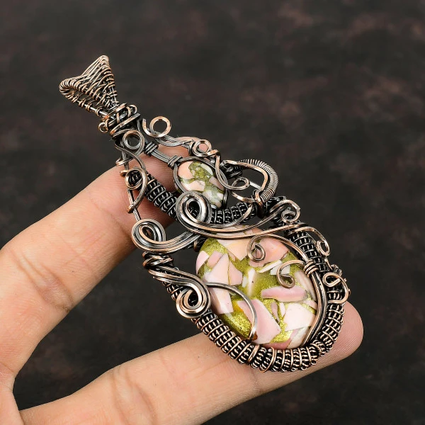 Copper Pink Opal Oval Pink Handmade Copper Wire Wrapped Pendant