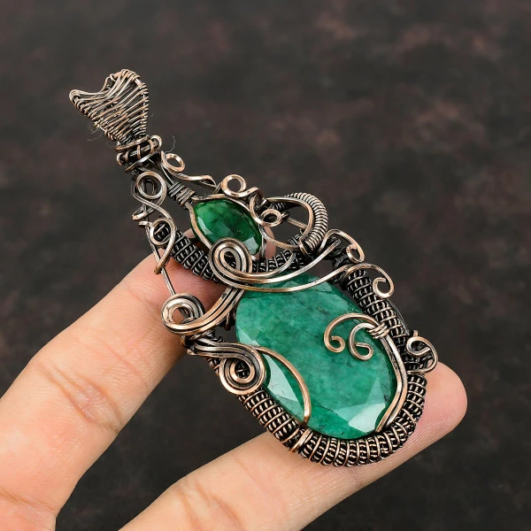 Zambian Emerald Oval Green Handmade Copper Wire Wrapped Pendant