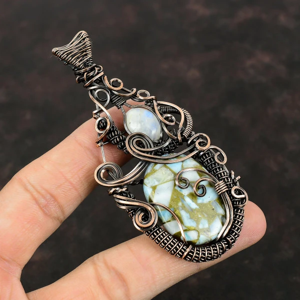 Copper Larimar Oval Blue Handmade Copper Wire Wrapped Pendant