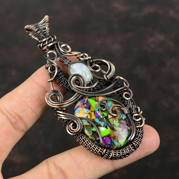 Fiesta Kingman Turquoise Oval Green Handmade Copper Wire Wrapped Pendant