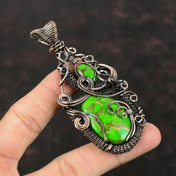 Copper Green Turquoise Oval Green Handmade Copper Wire Wrapped Pendant