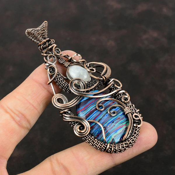Rainbow Calsilica Oval Blue Handmade Copper Wire Wrapped Pendant