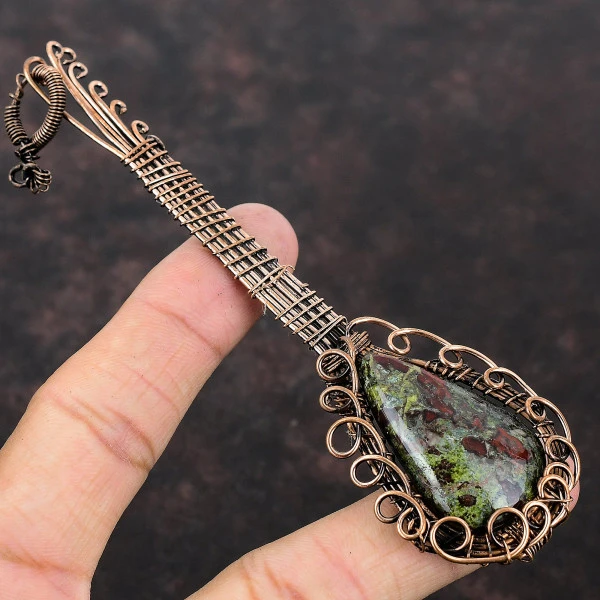 Dragon Bloodstone Pear Green Handmade Copper Wire Wrapped Pendant