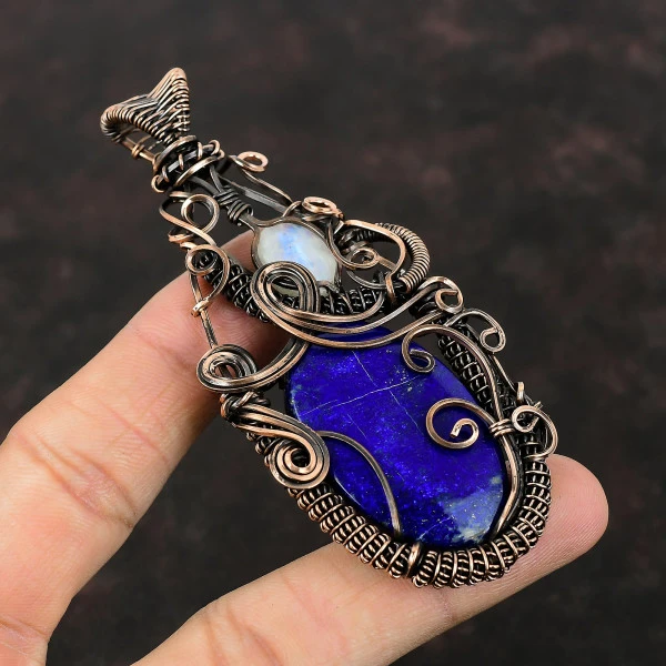 Lapis Lazuli Oval Blue Handmade Copper Wire Wrapped Pendant