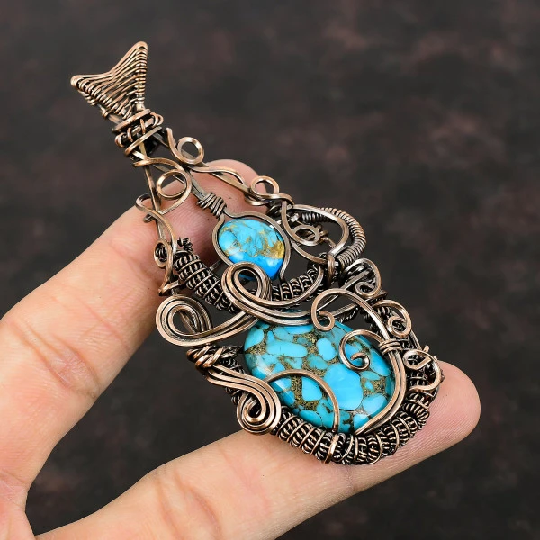 Copper Blue Turquoise Oval Blue Handmade Copper Wire Wrapped Pendant