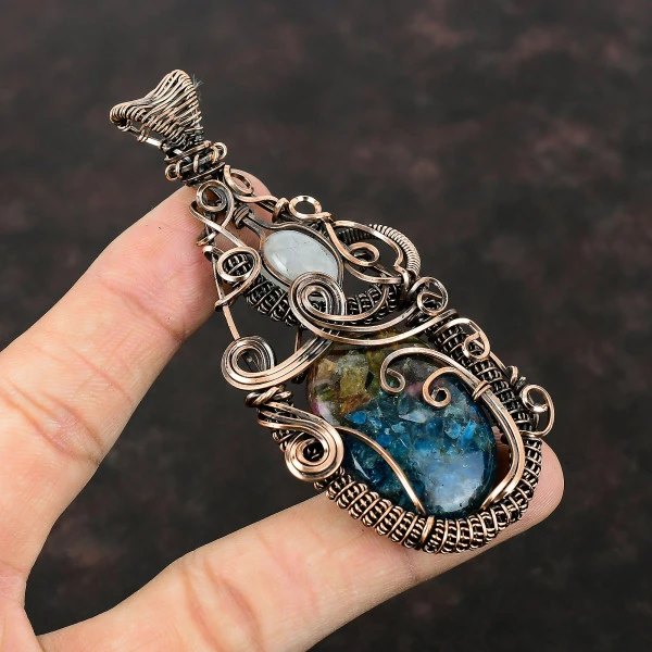 Watermelon Tourmaline Oval Blue Handmade Copper Wire Wrapped Pendant
