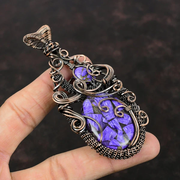Copper Charoite Oval Purple Handmade Copper Wire Wrapped Pendant