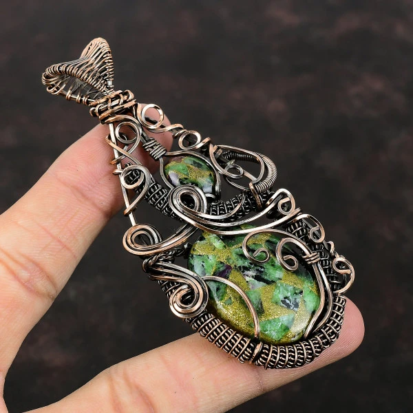 Copper Ruby Zoisite Oval Green Handmade Copper Wire Wrapped Pendant