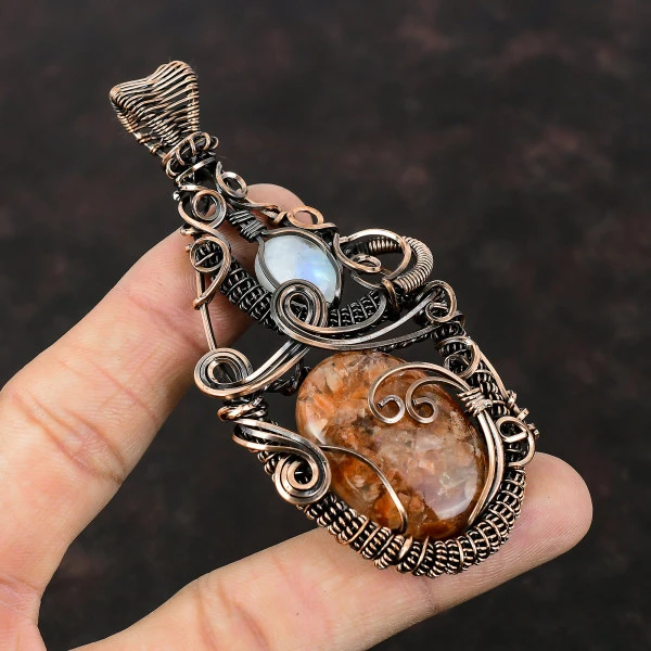 Sunstone Oval Orange Handmade Copper Wire Wrapped Pendant
