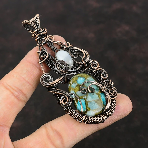 Copper Amazonite Oval Green Handmade Copper Wire Wrapped Pendant