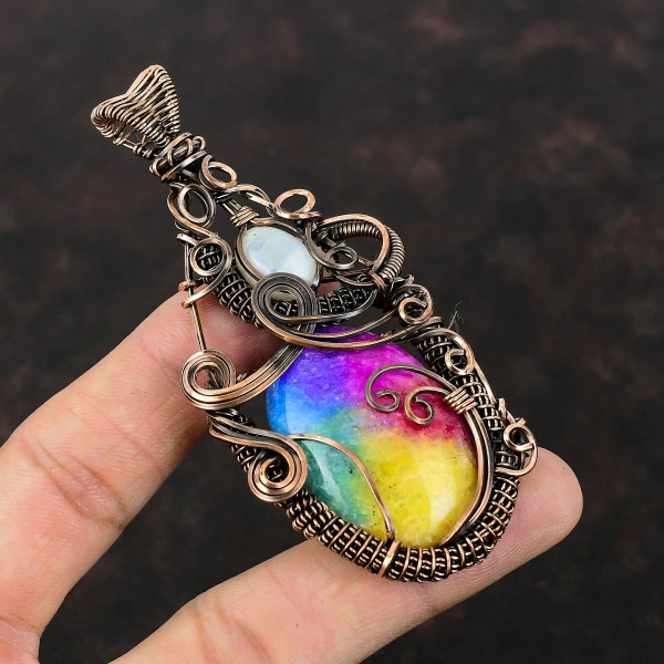 Rainbow Solar Quartz Druzy Oval Pink Handmade Copper Wire Wrapped Pendant