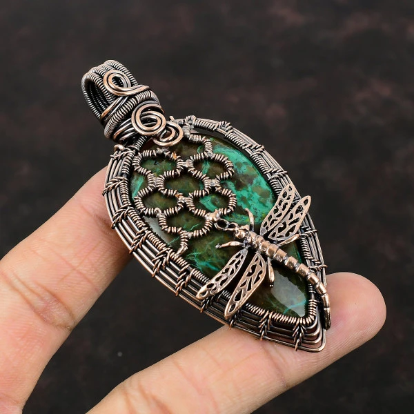 Chrysocolla Pear Green Handmade Copper Wire Wrapped Pendant