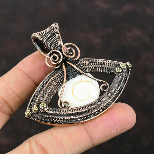 Shiva Eye Shell Round White Handmade Copper Wire Wrapped Pendant