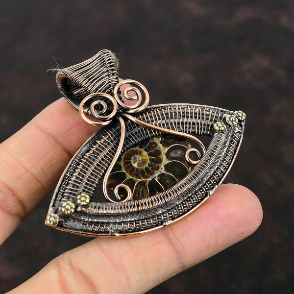 Ammonite Fossil Pear Brown Handmade Copper Wire Wrapped Pendant