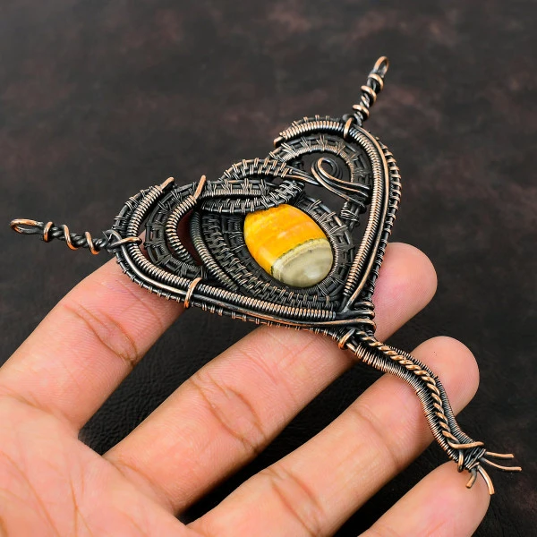 Bumble Bee Jasper Oval Yellow Handmade Copper Wire Wrapped Pendant