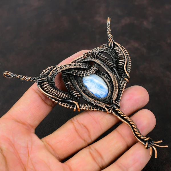Blue Scheelite Oval Blue Handmade Copper Wire Wrapped Pendant