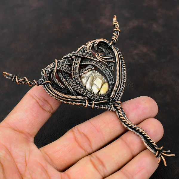 Brecciated Mookaite Oval Yellow Handmade Copper Wire Wrapped Pendant