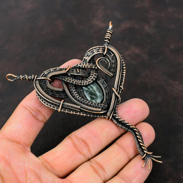 Seraphinite Oval Green Handmade Copper Wire Wrapped Pendant