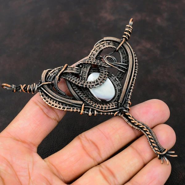 Mother Of Pearl Oval Gray Handmade Copper Wire Wrapped Pendant