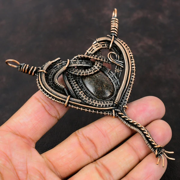 Dinosaur Bone Oval Brown Handmade Copper Wire Wrapped Pendant
