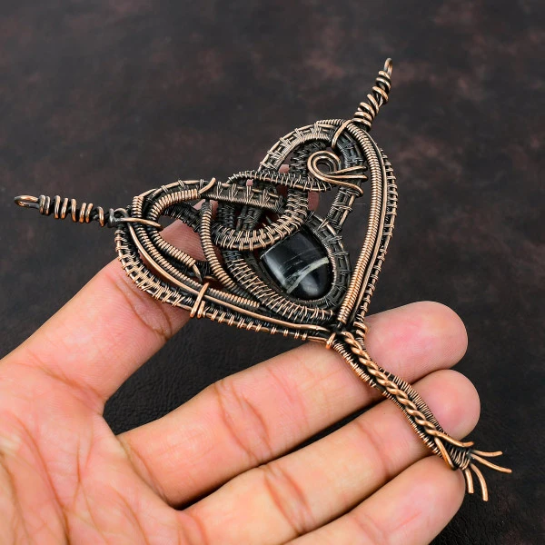 Picasso Jasper Oval Black Handmade Copper Wire Wrapped Pendant