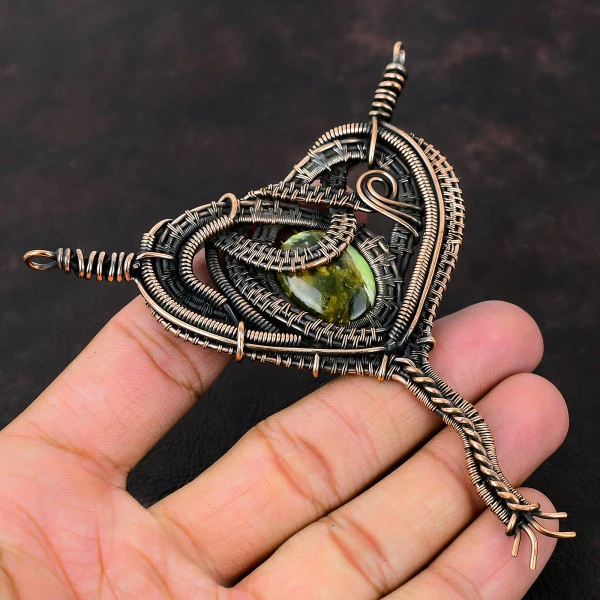 Australian Chrome Chalcedony Oval Green Handmade Copper Wire Wrapped Pendant