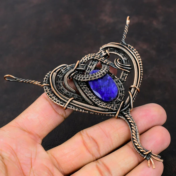 Blue Sapphire Oval Blue Handmade Copper Wire Wrapped Pendant