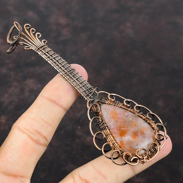 Sunstone Pear Orange Handmade Copper Wire Wrapped Pendant