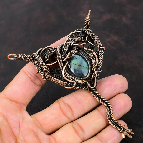 Labradorite Oval Blue Handmade Copper Wire Wrapped Pendant