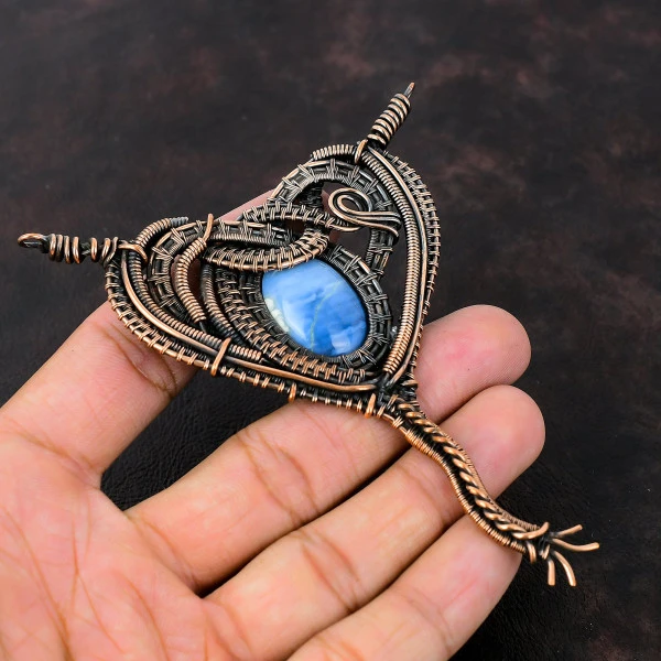 Owyhee Blue Opal Oval Blue Handmade Copper Wire Wrapped Pendant