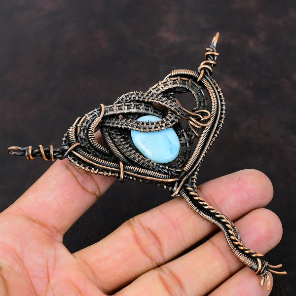 Larimar Oval Blue Handmade Copper Wire Wrapped Pendant