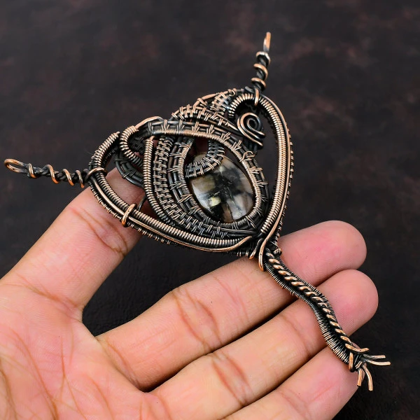 Chiastolite Oval Brown Handmade Copper Wire Wrapped Pendant