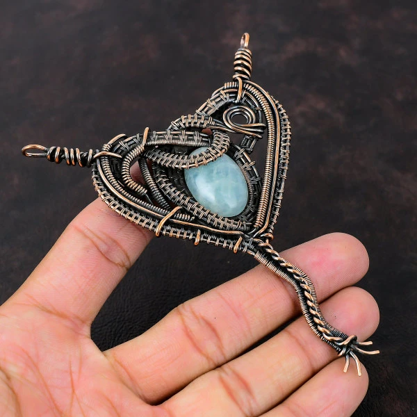 Aquamarine Oval Blue Handmade Copper Wire Wrapped Pendant