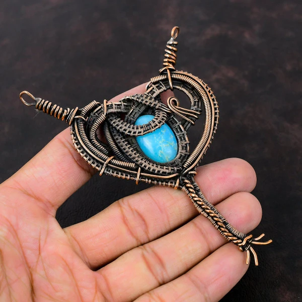 Smithsonite Oval Blue Handmade Copper Wire Wrapped Pendant