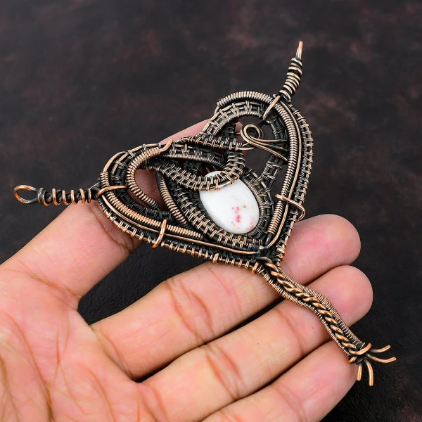 Cinnabar Oval White Handmade Copper Wire Wrapped Pendant