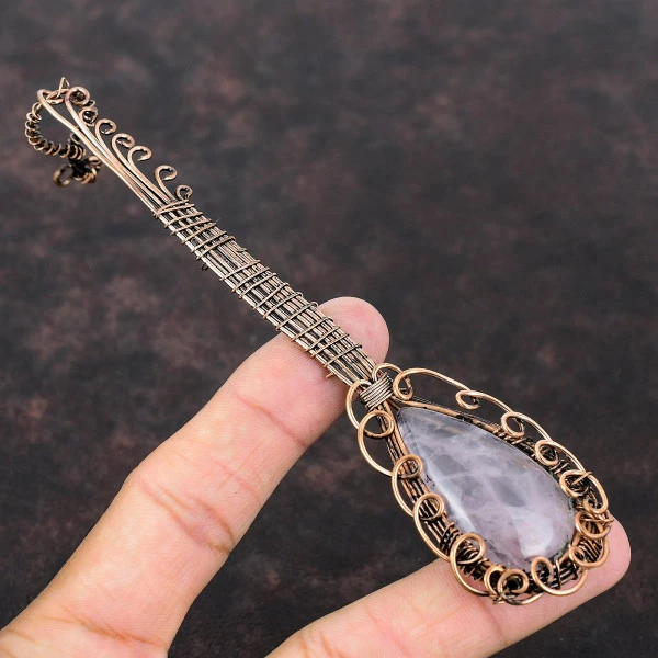 Rose Quartz Pear Pink Handmade Copper Wire Wrapped Pendant