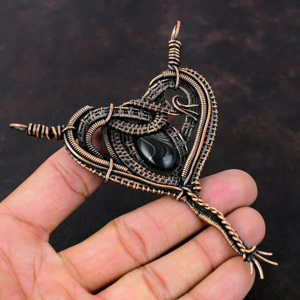 Psilomelane Oval Black Handmade Copper Wire Wrapped Pendant