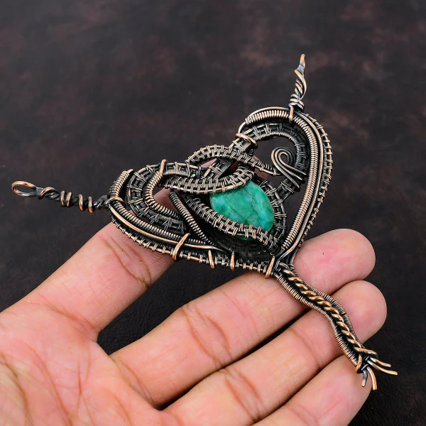 Zambian Emerald Oval Green Handmade Copper Wire Wrapped Pendant