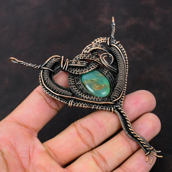 Chrysoprase Oval Green Handmade Copper Wire Wrapped Pendant